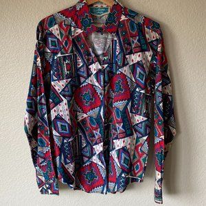Vtg Y2K Southwest Canyon Aztec Cowgirl Punchy Western Shirt Keyhole Neckline